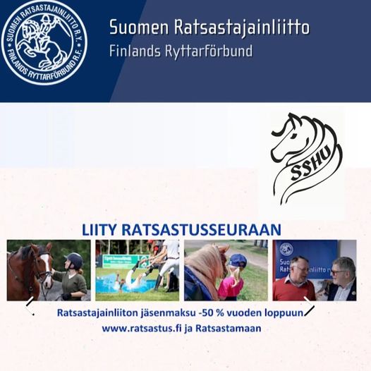 Kuvassa voi olla 7 henkilöä ja tekstissä sanotaan COIN ATRASTAUINLITIR RATSASTAJAINLI REANET ) 4 Suomen Ratsastajainliitto Finlands Ryttarförbund SSHU LIITY RATSASTUSSEURAAN Suo Rat aliitto Ratsastajainliiton jäsenmaksu -50 % vuoden loppuun www.ratsastus.fi ja Ratsastamaan